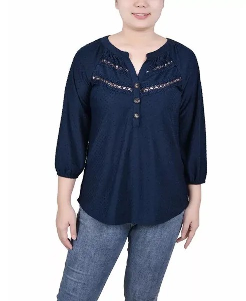 Миниатюрный топ на пуговицах в горошек с рукавами 3/4 NY Collection, синий