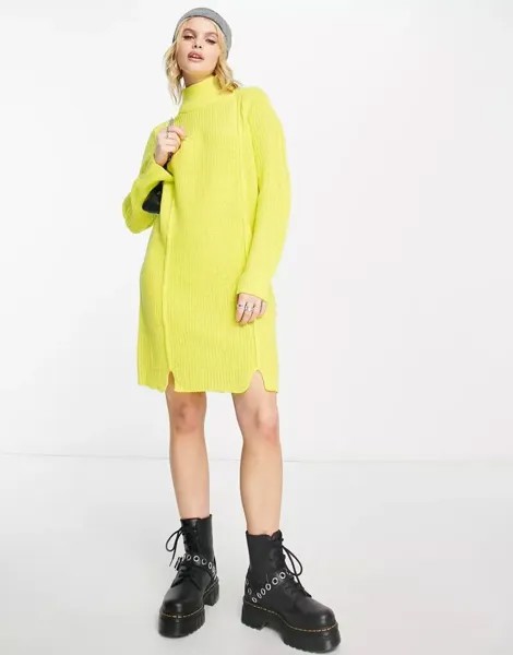 Трикотажное мини-платье Only с высоким воротником салатового цвета и строчкой