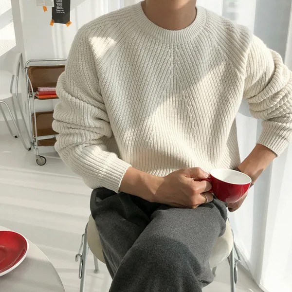 Свитер y2k пуловер Корейские модные свитера мужские осенне-зимние однотонные вязаные свитера повседневные свободные пуловеры с круглым выр...