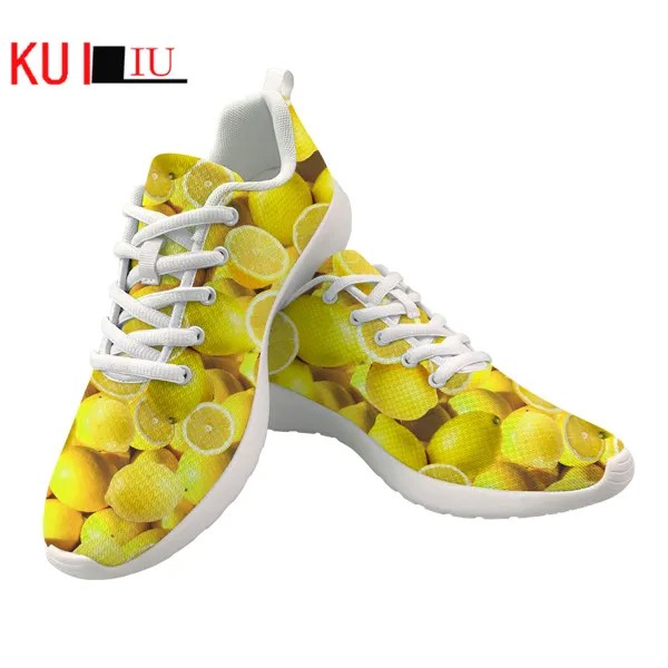 Кроссовки KUILIU женские сетчатые, модные повседневные сникерсы на плоской подошве, с фруктами, лимонно-желтый цвет, на шнуровке, Прямая постав...