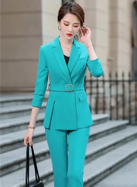 Элегантные зеленые женские костюмы-брюки в официальном стиле, осенне-зимняя Деловая одежда для работы с брюками и куртками, комплект из бле...