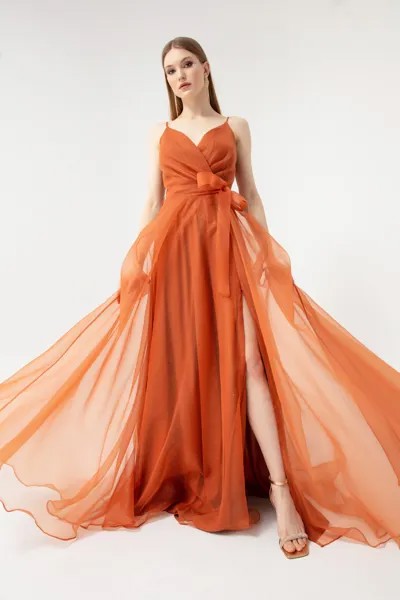 Женское длинное блестящее вечернее платье с вырезом в виде плитки и поясом Lafaba, оранжевый