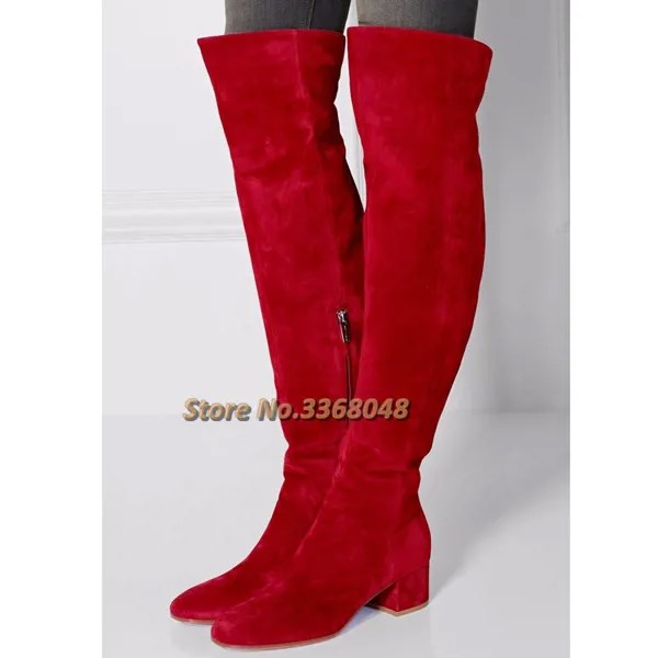 Красные замшевые сапоги выше колена на низком каблуке с боковой молнией и круглым носком платье на массивном каблуке женские сапоги однотонные красные коричневые черные высокие сапоги до бедра