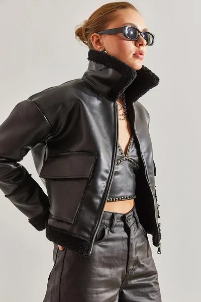 Женское кожаное плюшевое пальто SHADE, черный