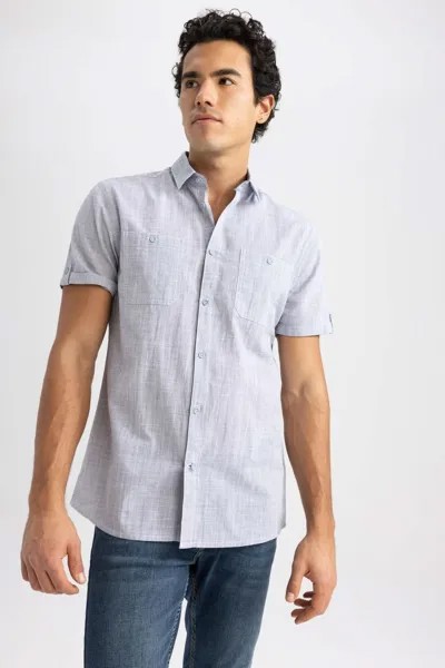 Рубашка Slim Fit из поплина с короткими рукавами DeFacto, синий