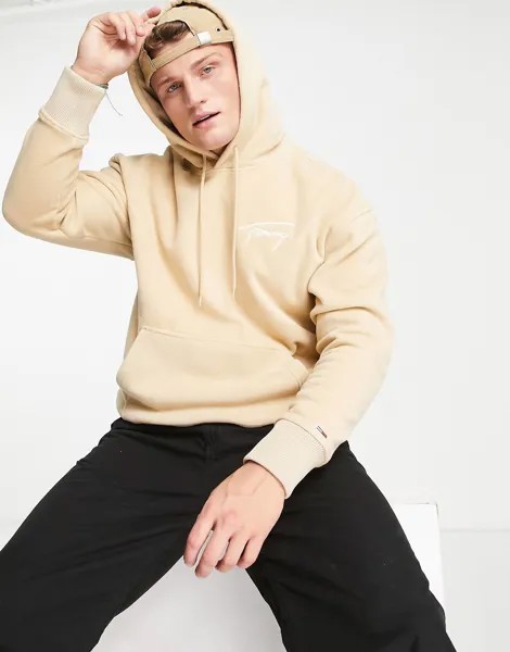 Худи свободного кроя из флиса бежевого цвета с фирменным логотипом Tommy Jeans