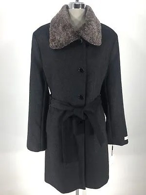Calvin Klein New WT Modern CHARCOAL Пальто с поясом и воротником-крылышкой из искусственного меха, XXS, XXL