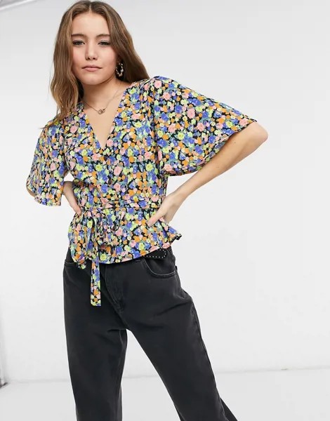 Чайная блузка с коротким рукавом и ярким цветочным принтом ASOS DESIGN-Многоцветный