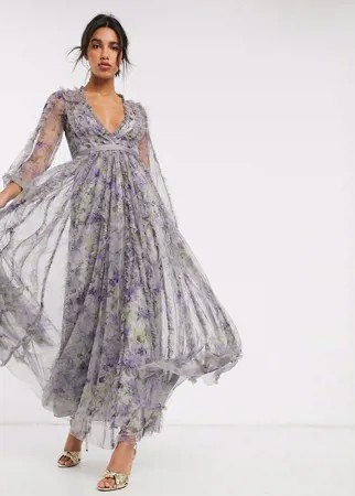 Фиолетовое платье макси с контрастным поясом и цветочным принтом Needle & Thread-Мульти