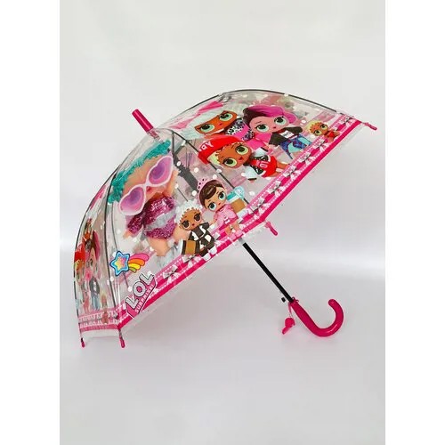 Зонт-трость полуавтомат, купол 77 см., прозрачный, для девочек, розовый