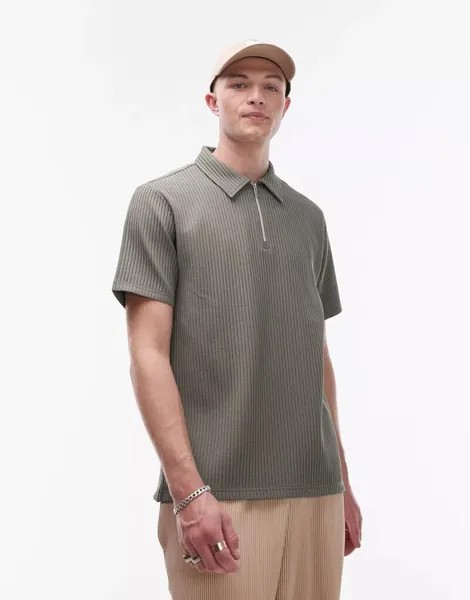 Плиссированная рубашка цвета хаки с короткими рукавами и молнией 1/4 Topman