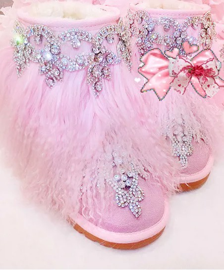 Пляжные шерстяные кожаные роскошные ботинки со стразами для снега супер милые розовые дождевые сапоги