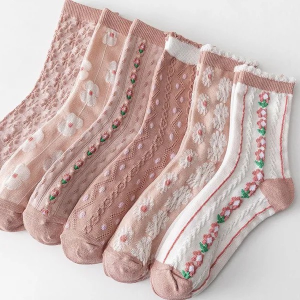 6 пар Тисненые Женские носки Симпатичный Розовый Средний Tube Носки Женские Носки Сезонные Длинные Трубчатые Приливные Носки
