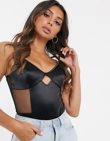 Черное боди с отделкой стразами ASOS DESIGN-Черный