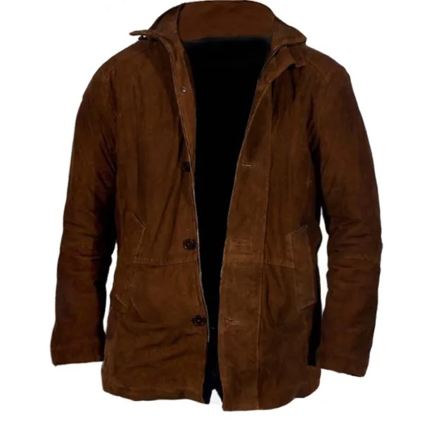Мужская винтажная коричневая замшевая кожаная куртка-пальто