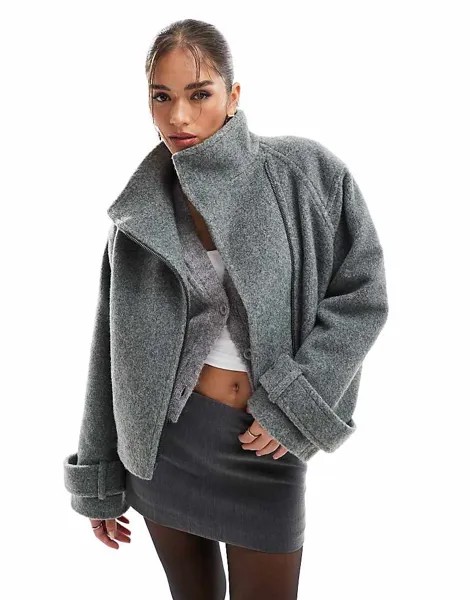 ASOS DESIGN – Темно-серая сатиновая мотоциклетная куртка с воротником-воронкой в ​​строгом стиле