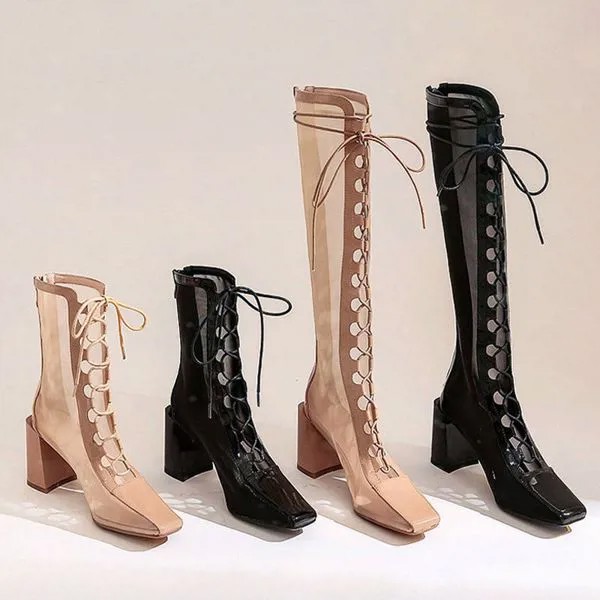 Женские ботинки на высоком каблуке, черные или персиковые ботинки с квадратным носком, сетчатые туфли на квадратном каблуке, лето 2022