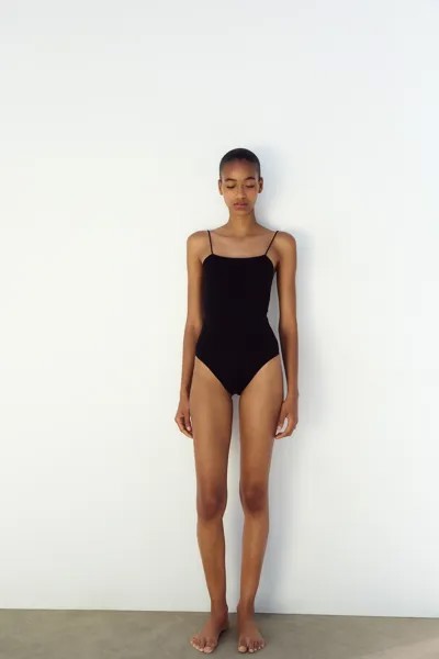 Приталенное боди из полиамидной ткани ZARA, черный