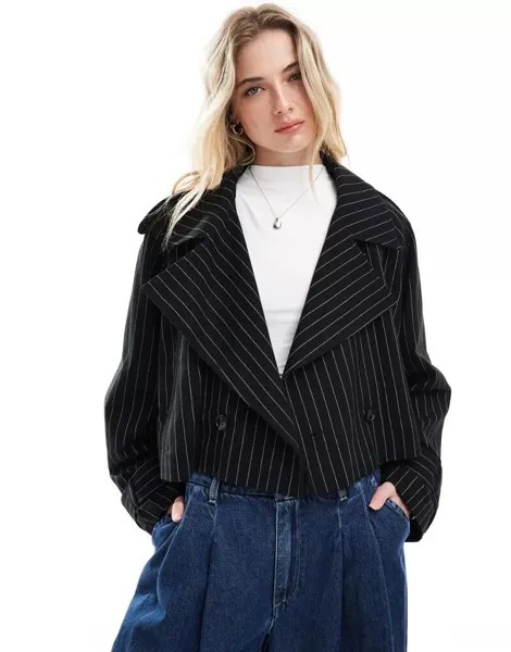 Черный укороченный тренч в тонкую полоску ASOS