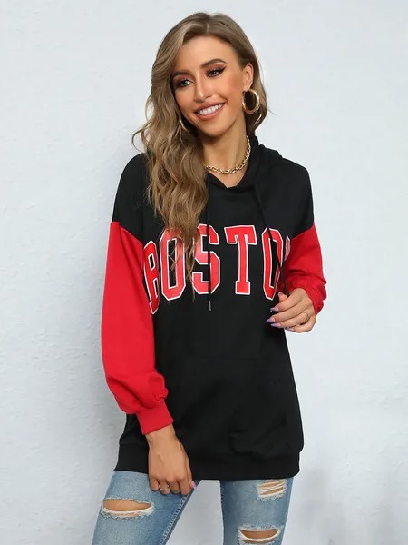 Milanoo Hoodie For Women Black Long Sleeves Two Tone Polyester Letters Print Hooded Sweatshirt