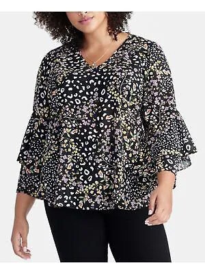 RACHEL ROY Женская черная блузка с рукавами 3/4 и V-образным вырезом с принтом Размер: 14W