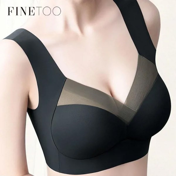 FINETOO Сексуальный Глубокий V Бюстгальтеры Женщины Пэчворк Кружева Bralette L-3XL Плюс Размер Беспроводной бюстгальтер Сплошной цвет Бесшовное нижнее белье Белье 2022