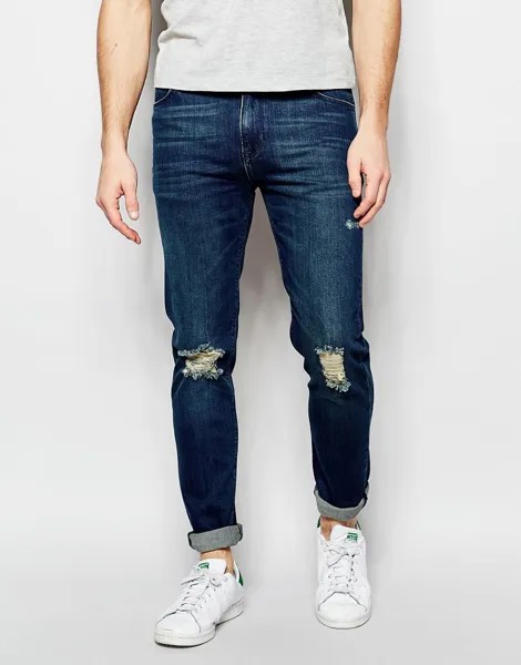 Темные рваные джинсы скинни ASOS-Синий