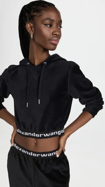 Худи Alexander Wang Stretch Corduroy Cropped with Logo Elastic, черный