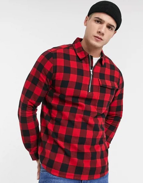 Рубашка в клетку с короткой молнией Burton Menswear-Красный