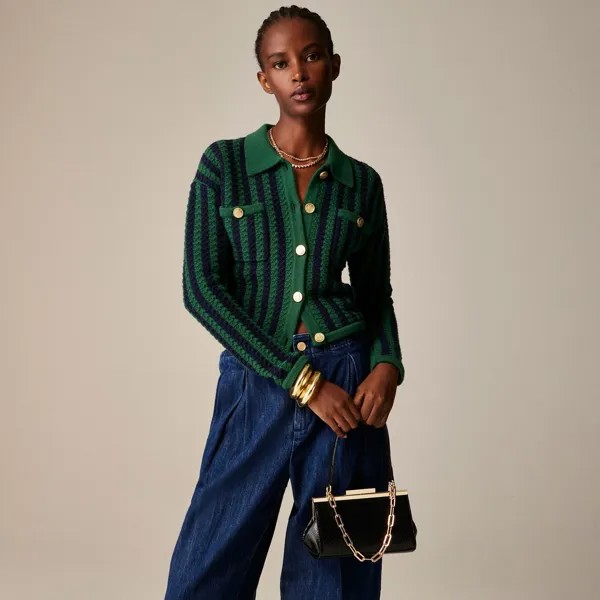 Свитер женский жакет в шевронную полоску J.Crew, зеленый