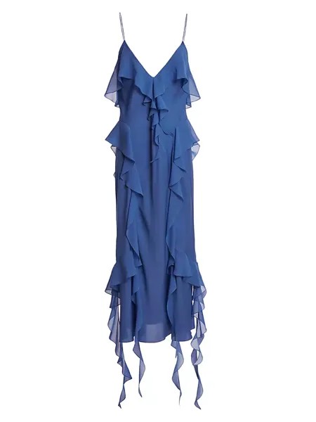 Шелковое платье макси Pim с рюшами Khaite, синий