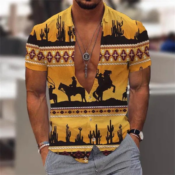 Мужская винтажная западная ковбойская гавайская пляжная рубашка с коротким рукавом