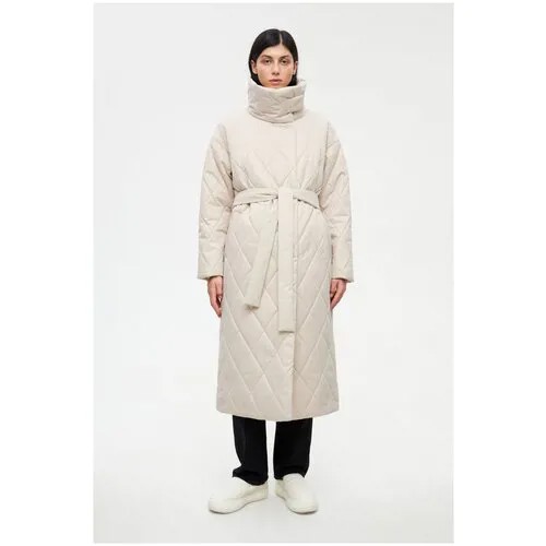Куртка  SHI-SHI зимняя, средней длины, утепленная, пояс/ремень, карманы, размер 40, экрю