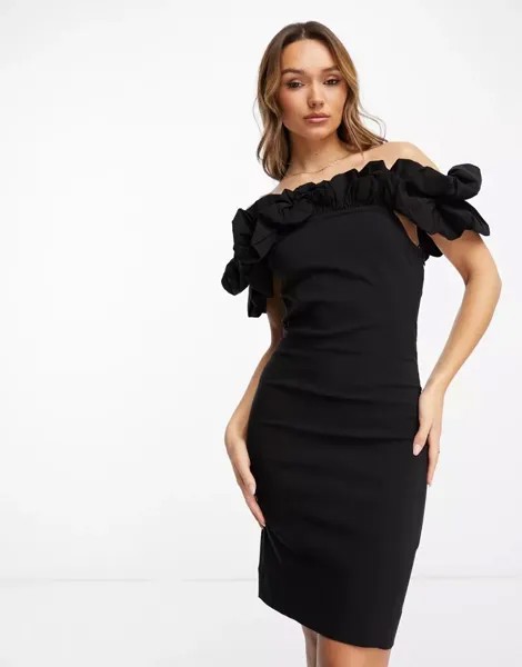 Черное облегающее эластичное платье мини с открытыми плечами и рюшами Y.A.S