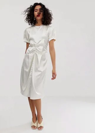Атласное платье миди со сборками ASOS WHITE-Белый
