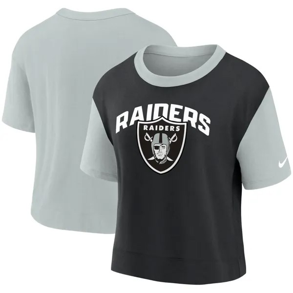 Женская модная футболка с высоким бедрами Nike серебристого/черного цвета Las Vegas Raiders Nike