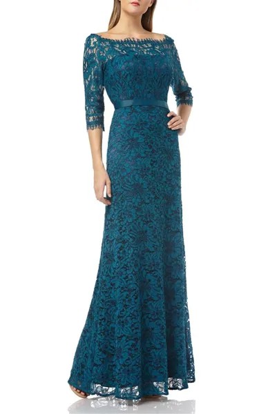 JS COLLECTIONS Бирюзово-темно-бирюзовое платье-русалка с вырезом «бато» и кружевом с V-образным вырезом на спине 14