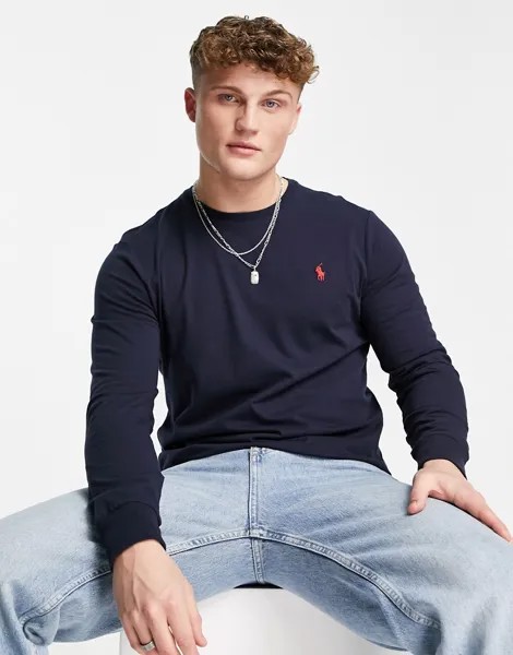 Темно-синий лонгслив с маленьким логотипом Polo Ralph Lauren