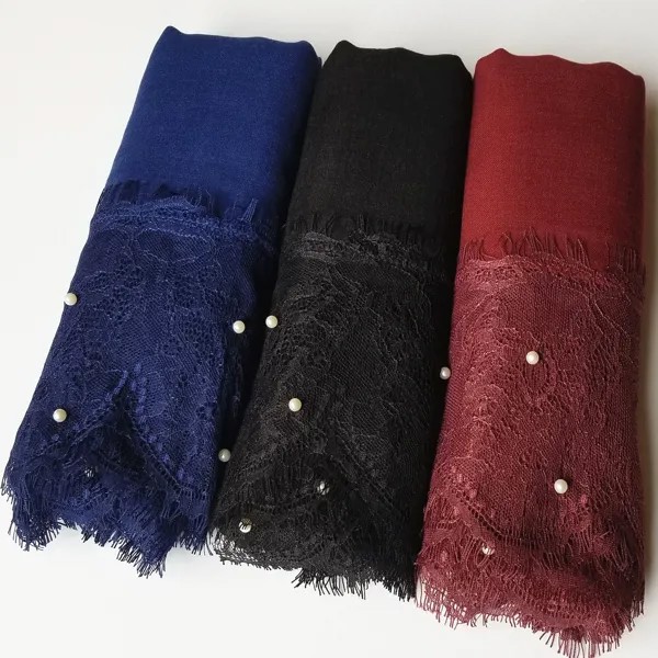 Лидер продаж 2018, однотонные кружевные шарфы с жемчугом, шали, женская модная мусульманская повязка из люрекса, хиджаб, платок 20 цветов, бесплатная доставка