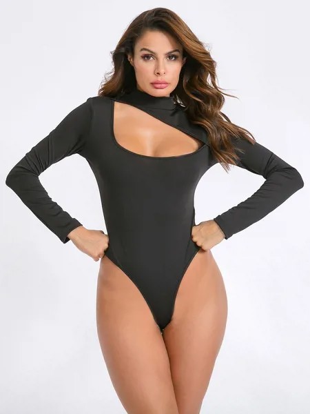 Milanoo Long Sleeves Bodysuit Black Straps Neck Cut Out Stretch Sexy Polyester Top For Women