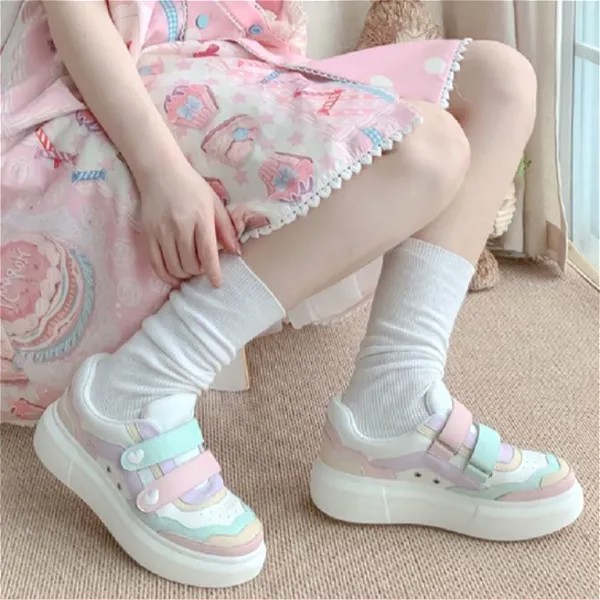 Аниме Японский косплей Студенческая спортивная обувь Лолита Милая женская обувь с круглым носком на платформе Цветные Блоки женская обувь