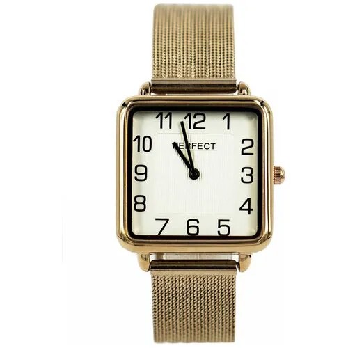 Perfect часы наручные, кварцевые, квадратные на батарейке, женские, металлический корпус, металлический браслет сетка, золотые, с японским механизмом E326-2
