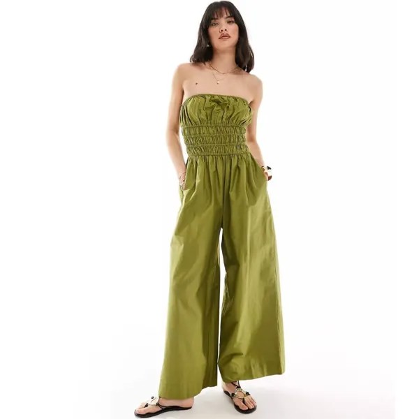 Комбинезон Asos Design Ruffled Top And Wide Legs, хаки