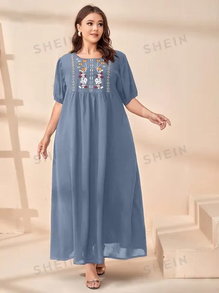 Mulvari Платье больших размеров, цветочная вышивка, халат Shein, пастельно-синий
