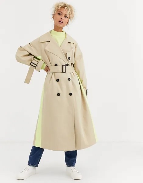 Светло-бежевый тренч с неоновыми вставками ASOS DESIGN-Neutral