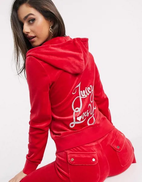 Худи из велюра красного цвета Juicy Couture Black Label-Красный
