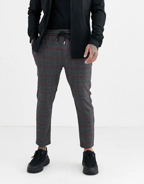 Серые брюки в клетку с полосками по бокам и эластичным поясом Only & Sons-Серый