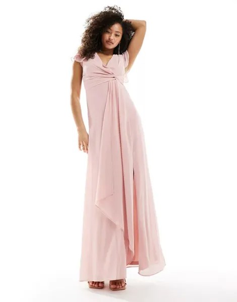 Пыльно-розовое платье макси для подружки невесты с развевающимися рукавами и рюшами TFNC