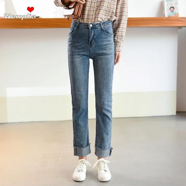 Wenydia прямые джинсы с высокой талией, корейские женские хлопковые джинсы с манжетами, уличная одежда, потертые джинсовые длинные брюки, повсе...