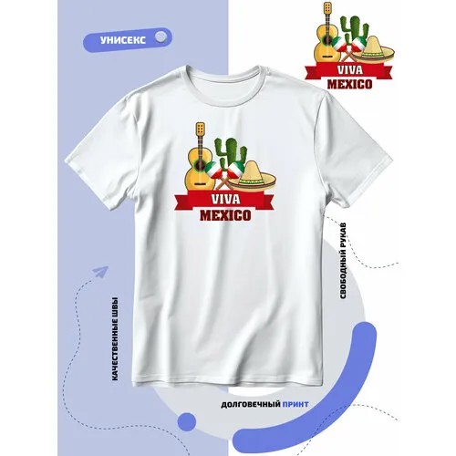 Футболка SMAIL-P надпись viva Mexico на фоне гитары кактуса и шляпы, размер S, белый